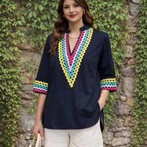MAZIK Navy Ric Rac V-Neck Tunic Short Sleeve Blouse, L